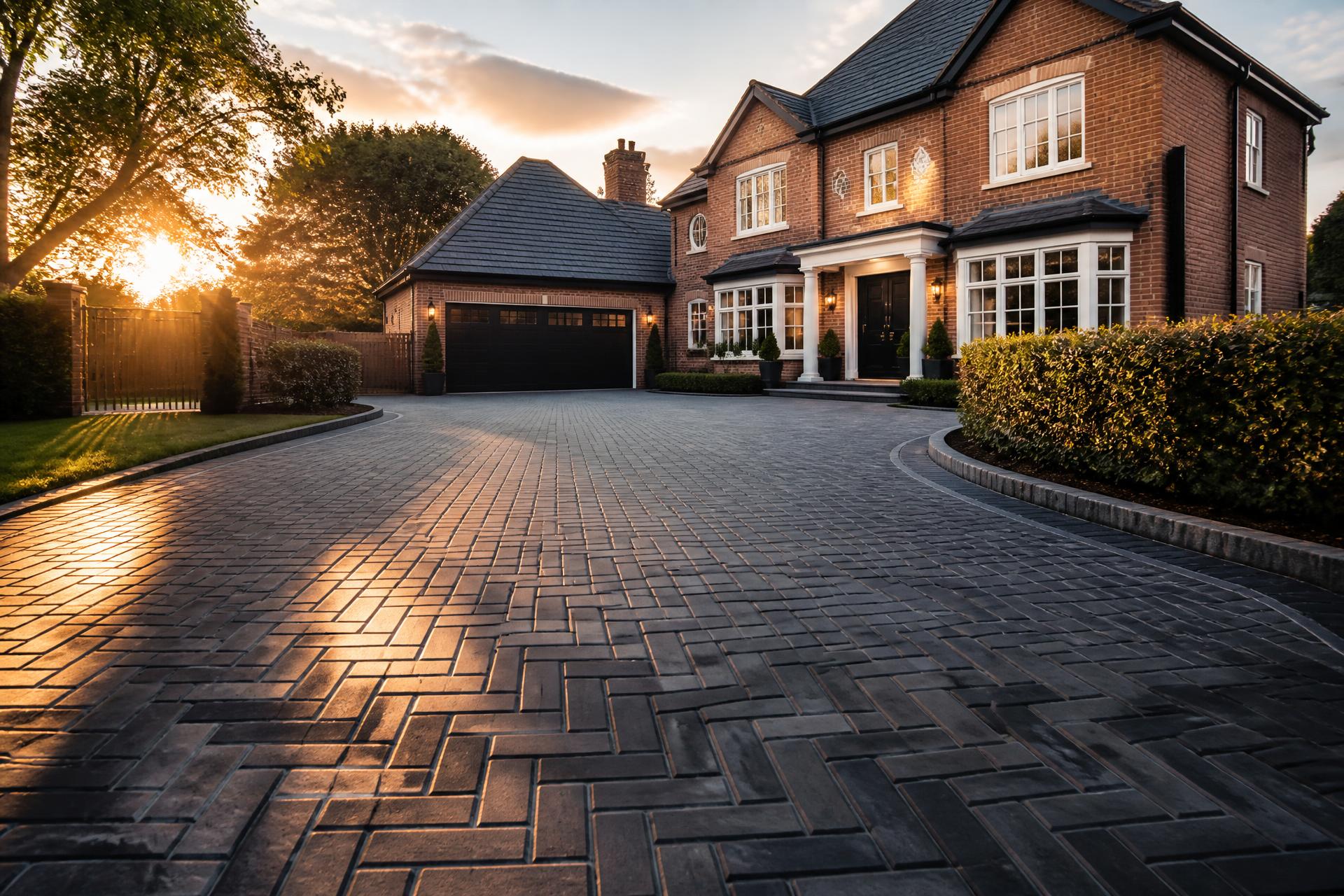 Premium block paved driveway at a large English home at golden hour